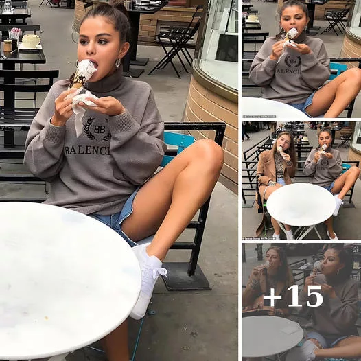 Selena Gomez devours a frozen treat at a sidewalk café as she shows off